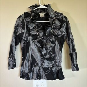 Alexandra Rosati Top Patchwork Textured Long Sleeve Black Silver Blouse Womens S